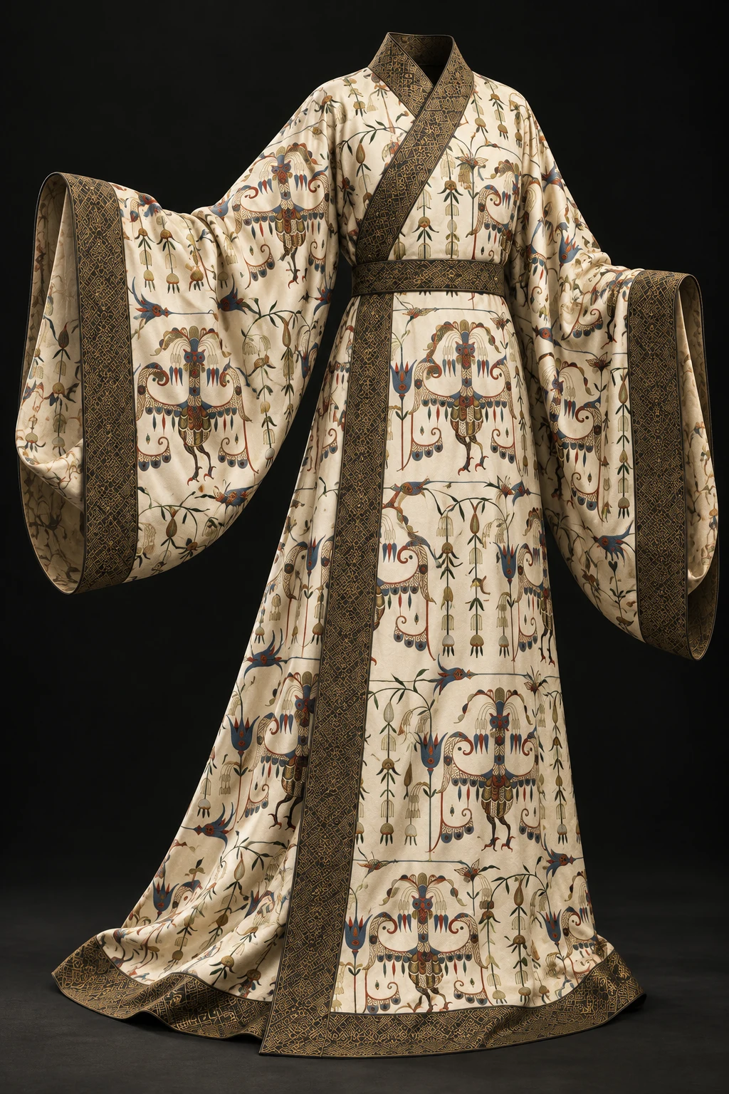 参考凤鸟花卉纹样创作的浅绢色楚风衣袍,宽袖与深色菱纹衣缘